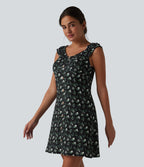 Robe trapèze mini col U sans manches à volants imprimé floral avec soutien-gorge intégré