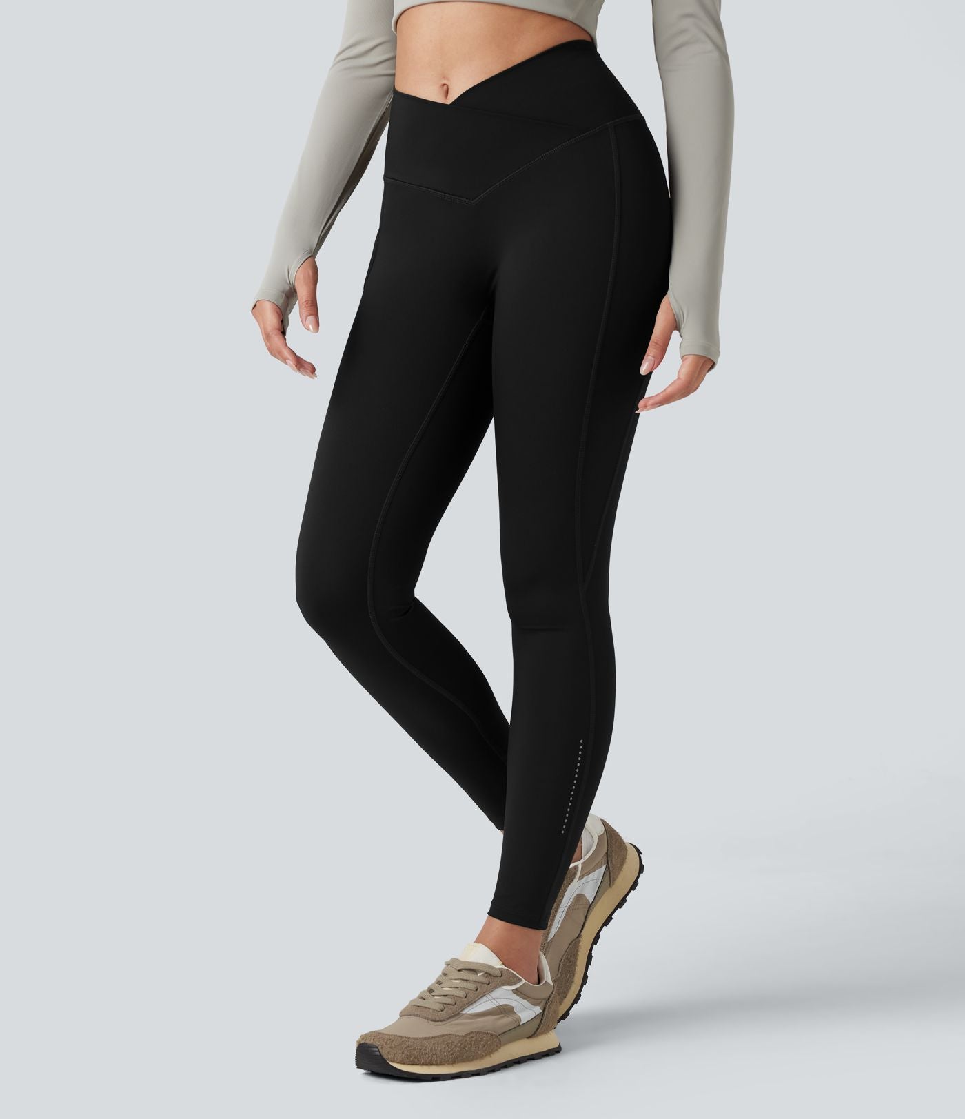Legging de randonnée 7/8 résistant à l'usure taille haute croisée réfléchissant avec poche