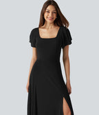 Robe maxi fluide col carré manches courtes soutien-gorge intégré dos noué