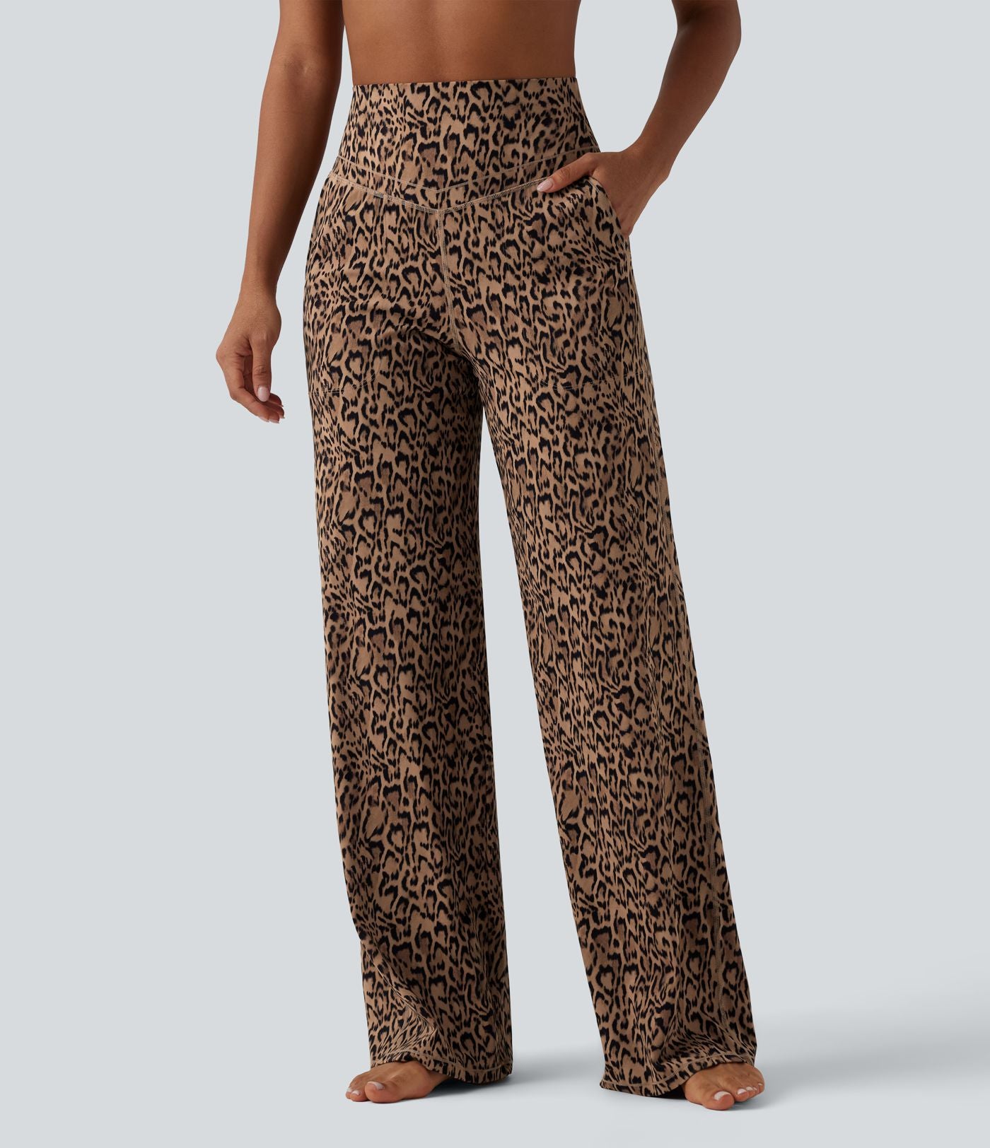 Pantalon de yoga jambes droites taille haute gainant imprimé léopard Halara UltraSculpt™ avec poches