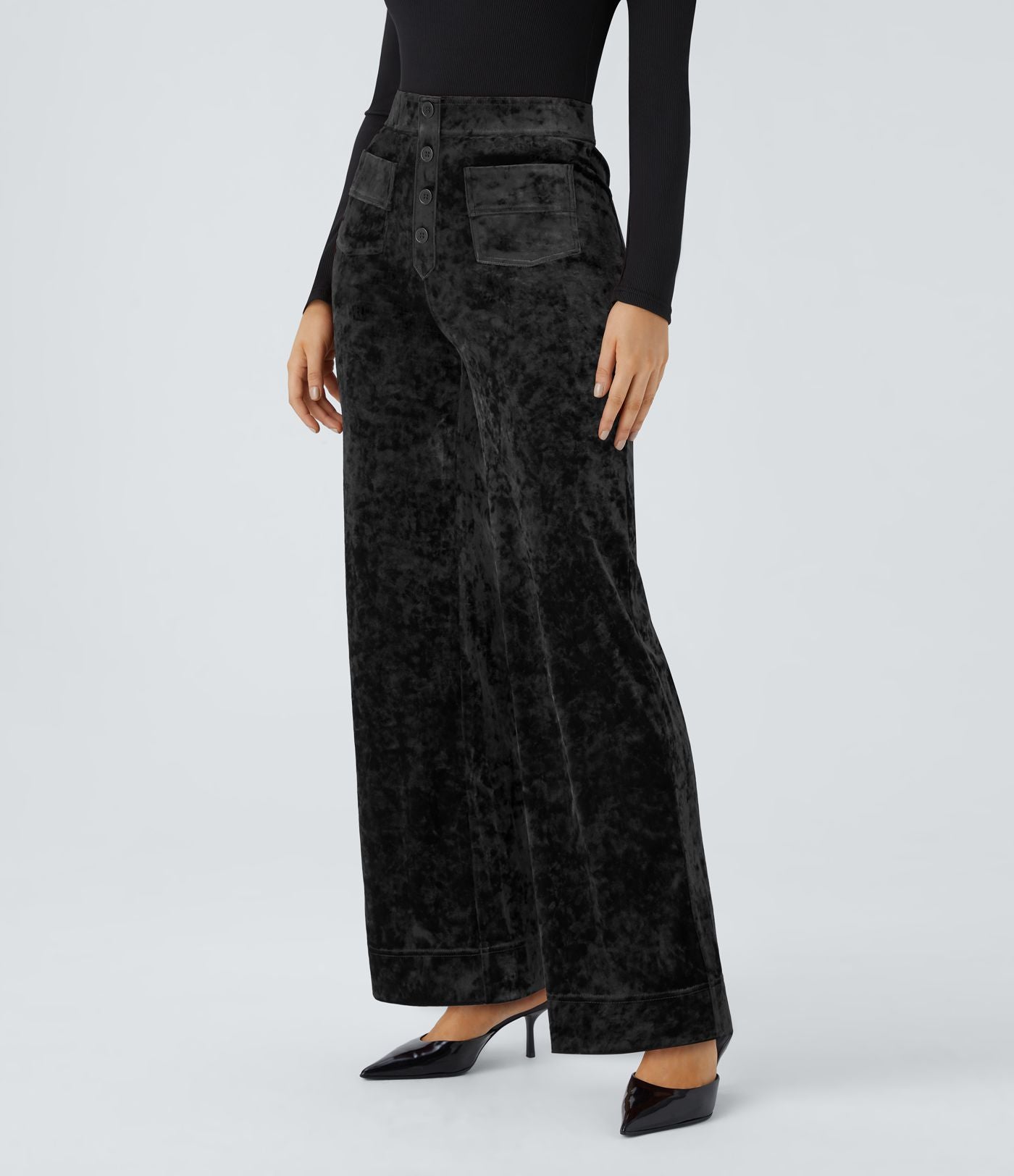Pantalon Casual en Velours Taille Haute avec Bouton Multipoches Droites