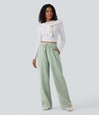 Pantalon décontracté jambe large taille haute avec cordon de serrage et poches