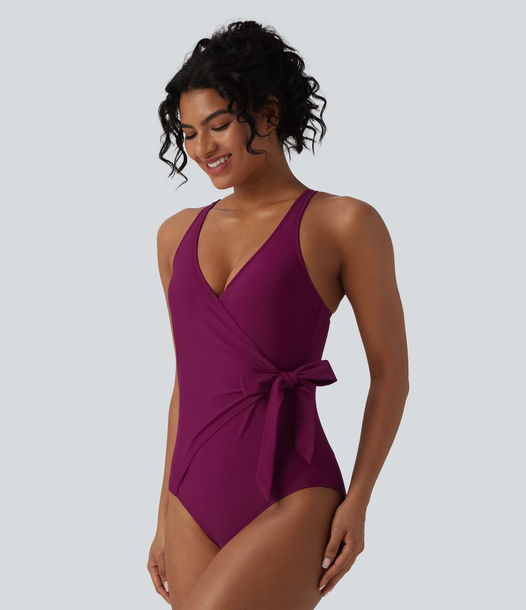 Maillot de bain une pièce gainant col V avec brassière intégrée et liens latéraux