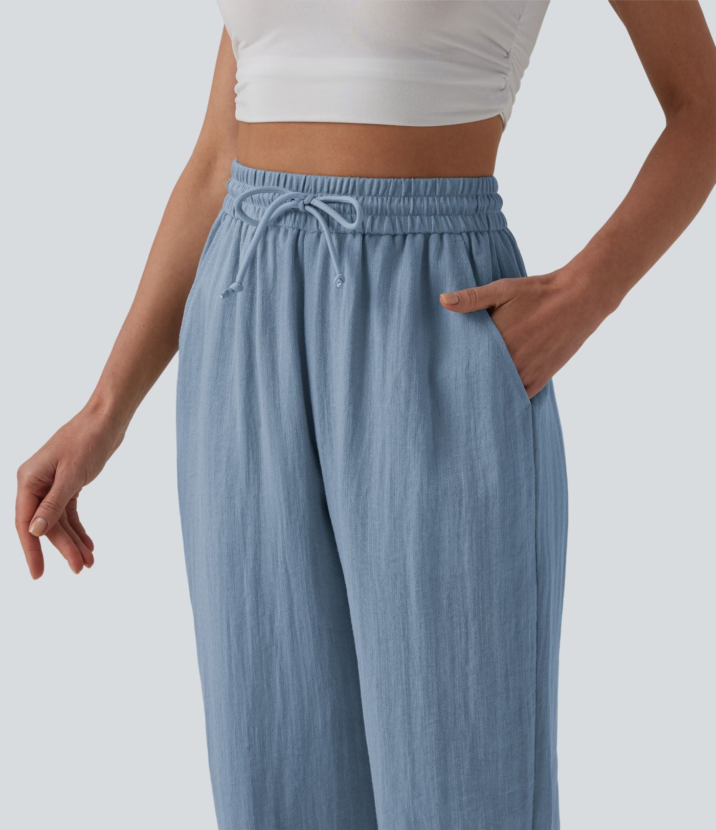 Jogging casual large ample taille haute aspect lin à cordon de serrage avec poches