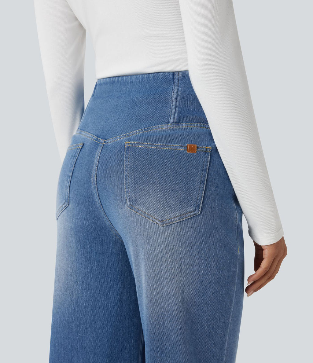 Jean droit décontracté croisé gainant taille haute avec poches Halara Flex™