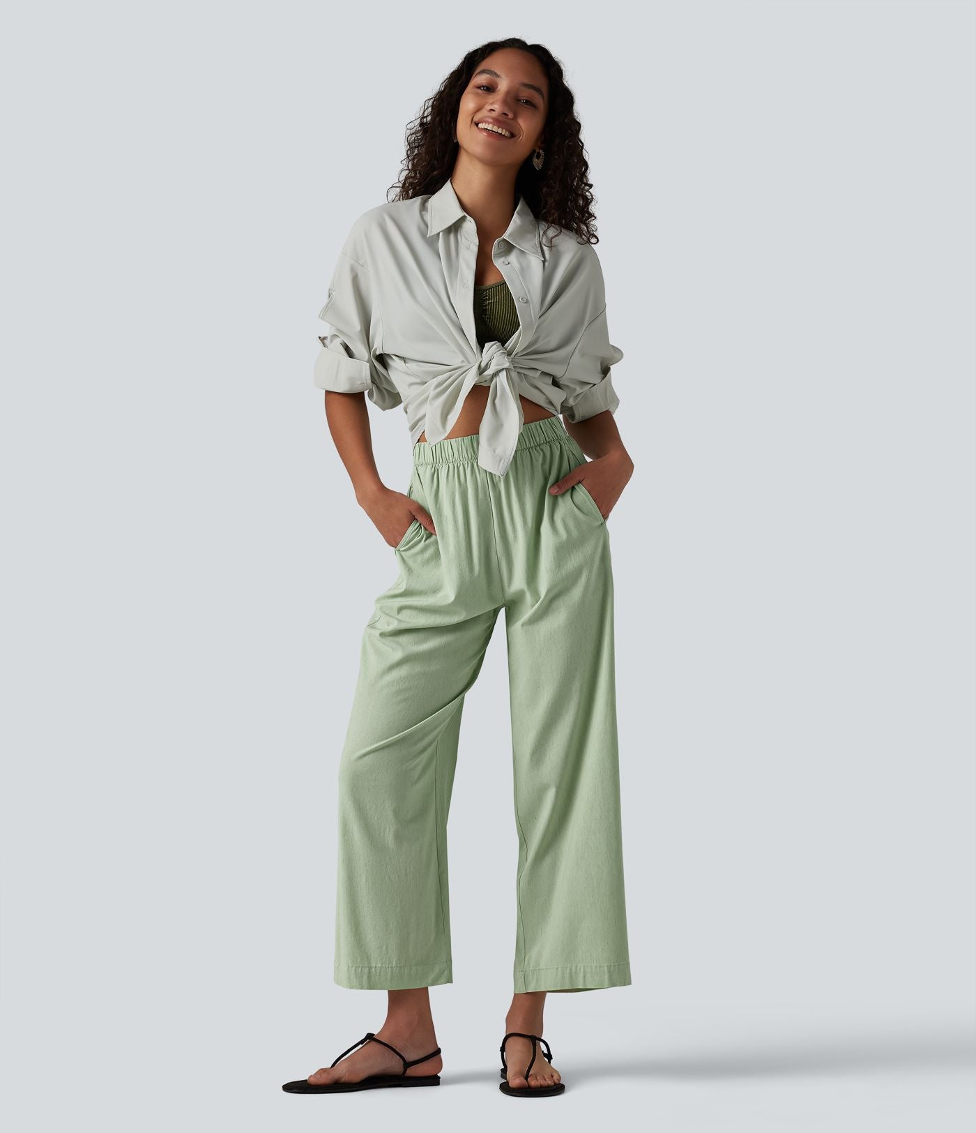 Pantalon casual 7/8 aspect lin stretch coupe droite taille haute avec poches