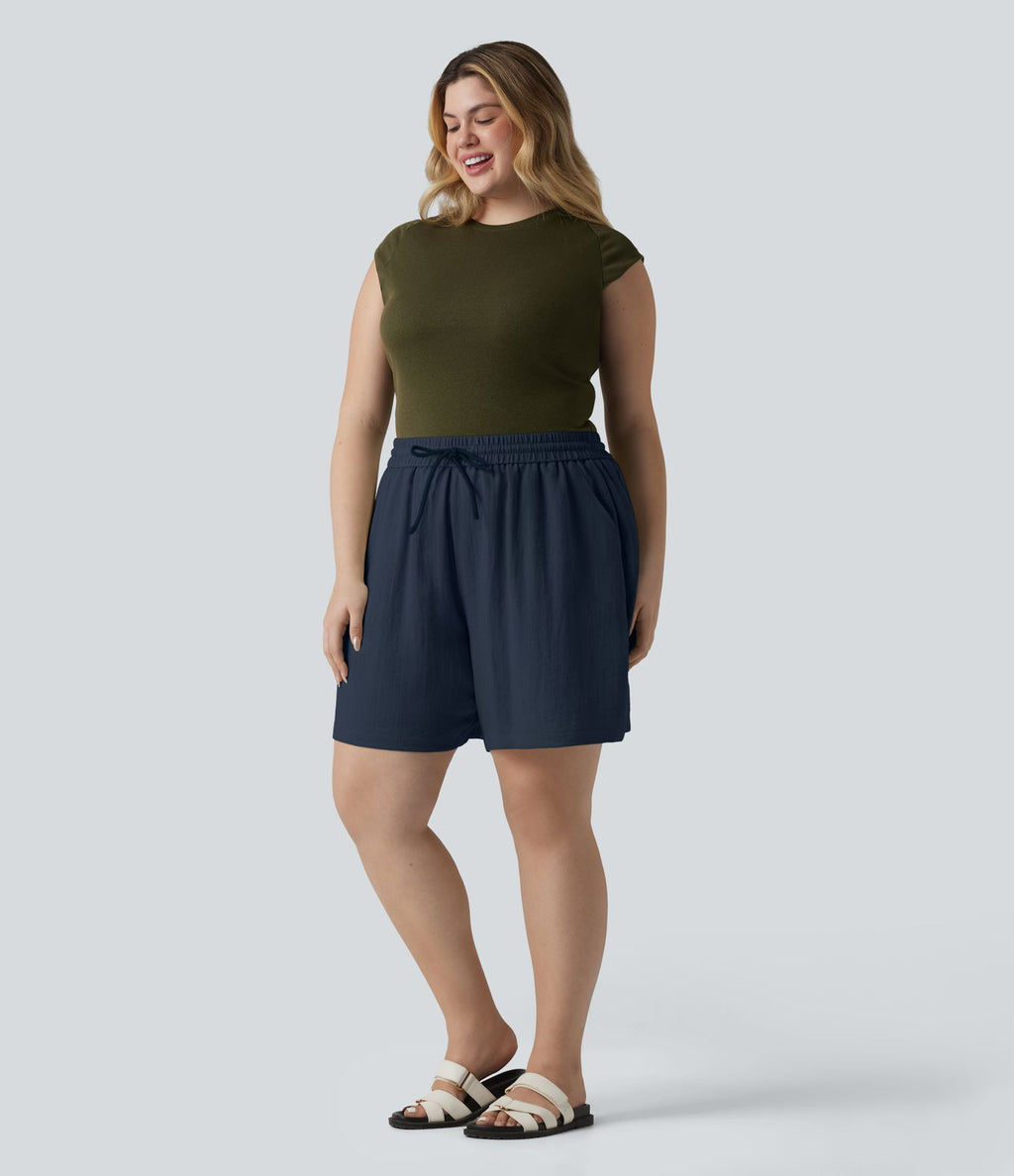 Short casual aspect lin grande taille taille haute avec cordon de serrage et poches