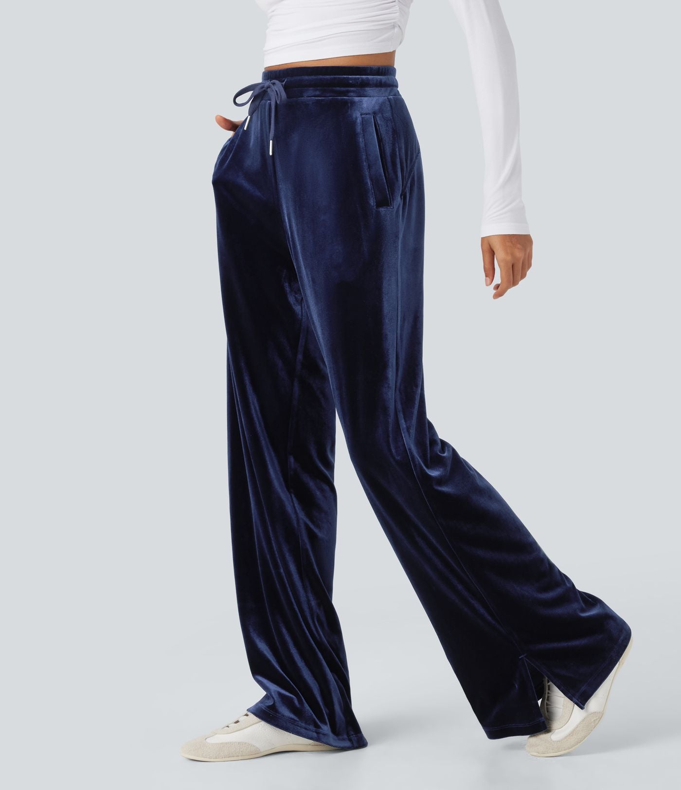 Pantalon décontracté large en velours, taille haute, avec cordon et poches