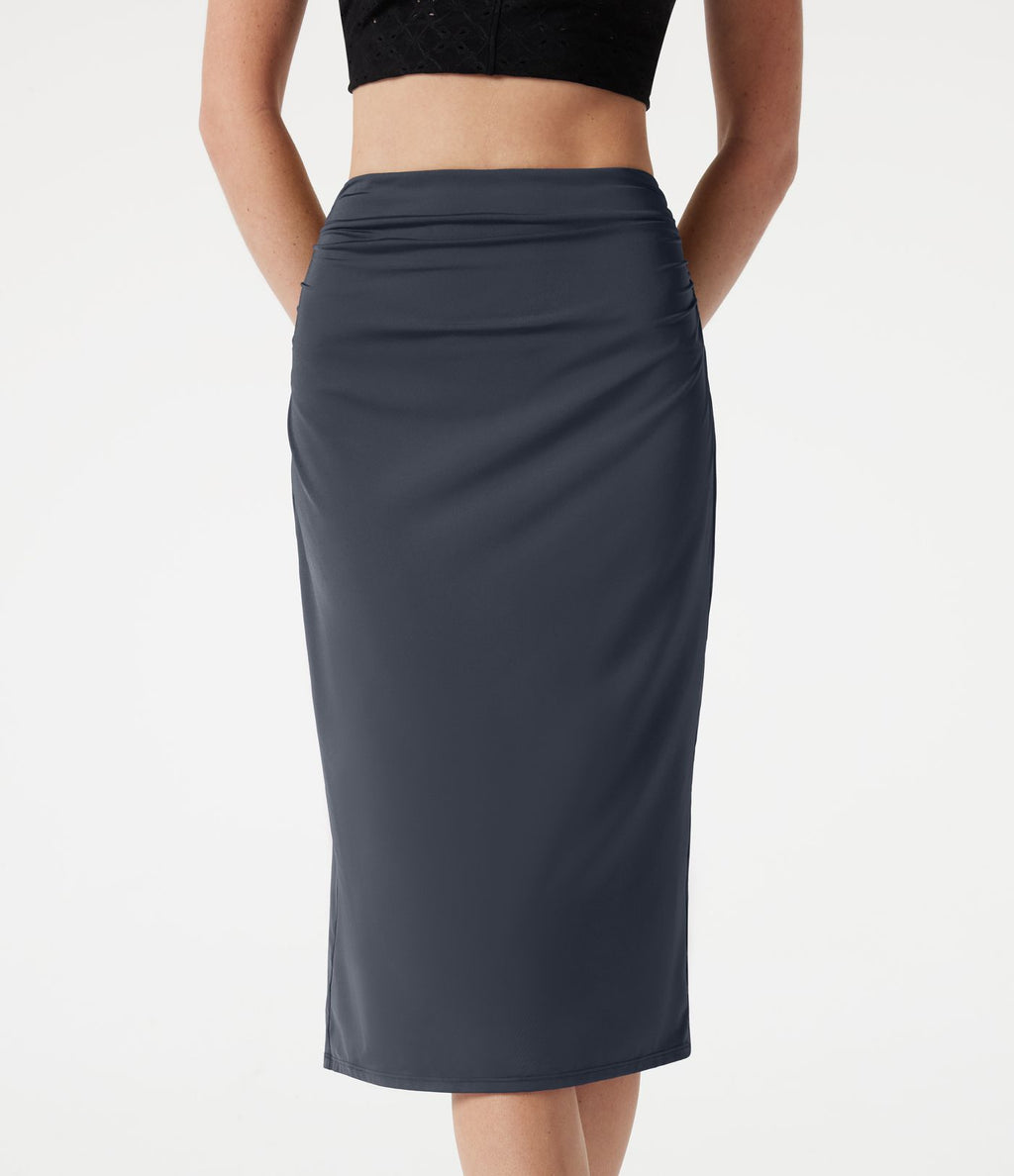 Jupe crayon midi décontracté taille haute extensible aspect satiné à effet frais InstantCool avec fronces