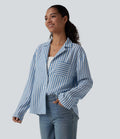 Chemise décontractée rayée col cranté manches longues aspect lin avec poche