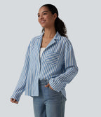 Chemise décontractée rayée col cranté manches longues aspect lin avec poche