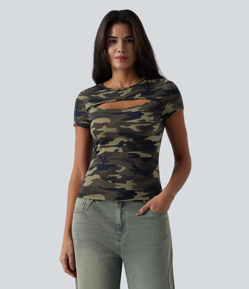T-shirt casual col rond manches courtes échancré imprimé camouflage