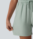 Short décontracté ample en lin mélangé taille haute avec cordon de serrage, 12,5 cm, et poches