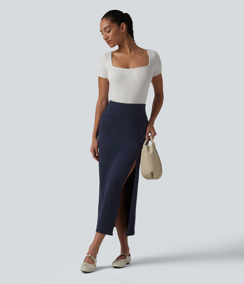 Jupe midi tailleur moulante fendue taille haute