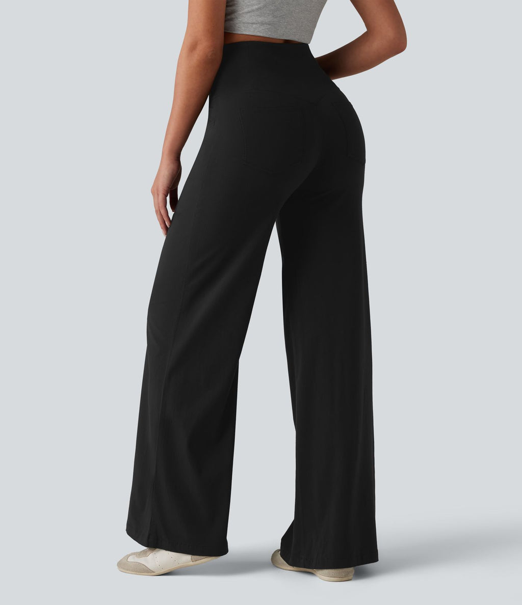 Pantalon large casual en lin stretch taille haute ventre plat avec poches