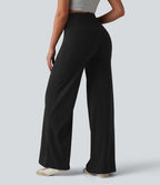 Pantalon large casual en lin stretch taille haute ventre plat avec poches
