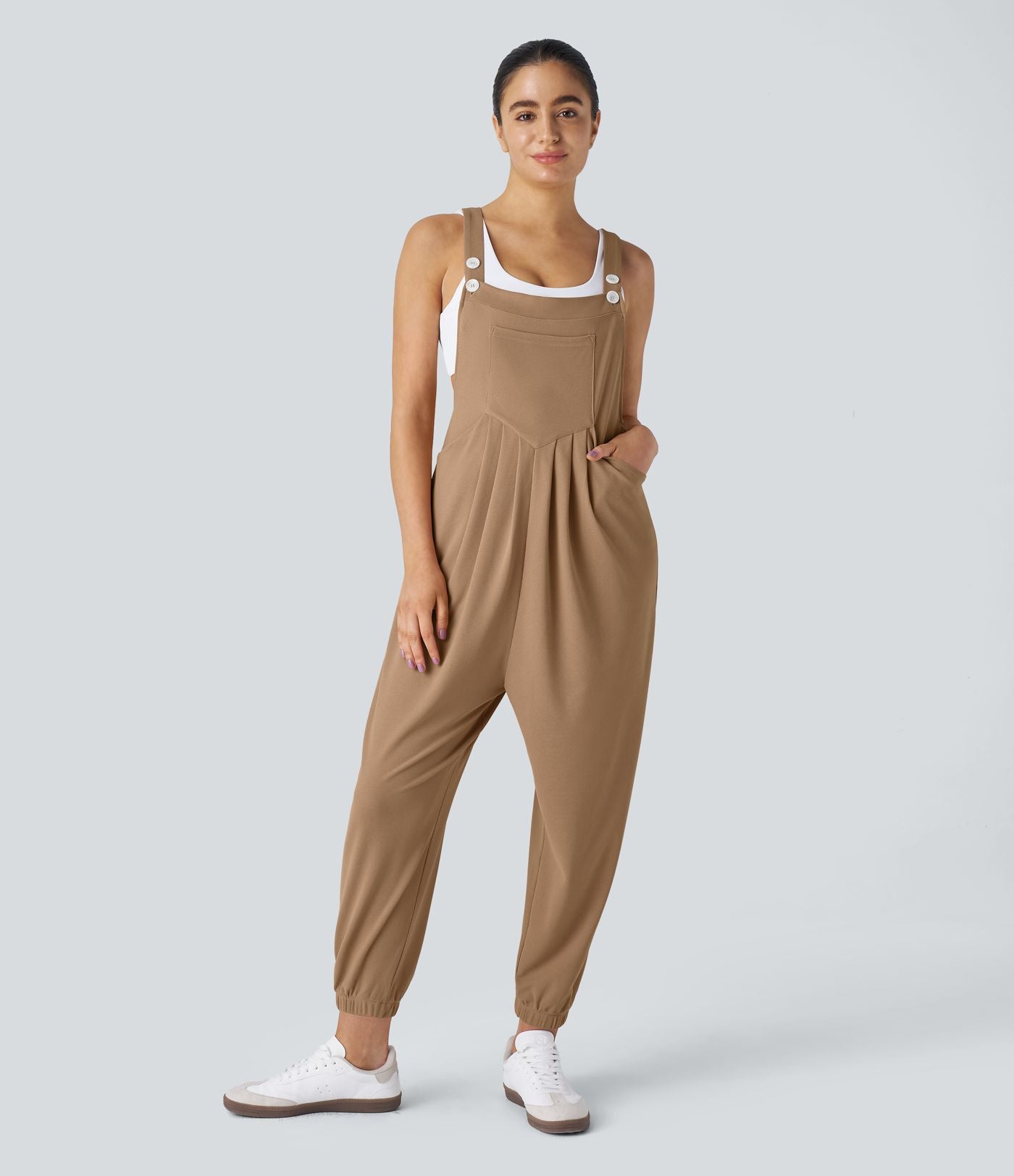 Salopette Casual Bretelles Ajustables Boutonnés Multiples Poches Plis et Tissu Gaufré