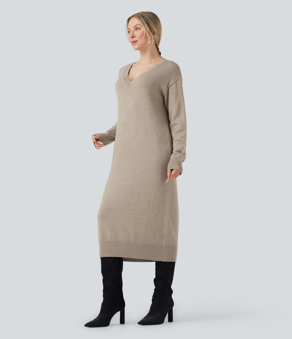 Robe pull laine mélangée col V manches longues mi-longue - réversible devant et dos