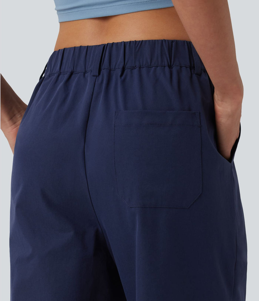 Pantalon casual fuselé 7/8 taille mi-haute plissé en popeline extensible à ourlet retroussé avec poches