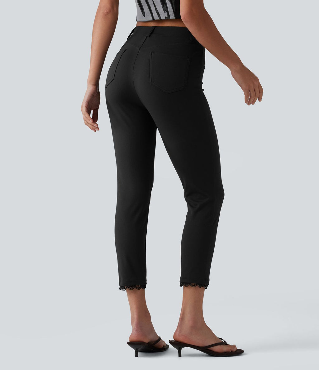Leggings courts décontractés DayStretch taille haute en dentelle contrastée avec poches