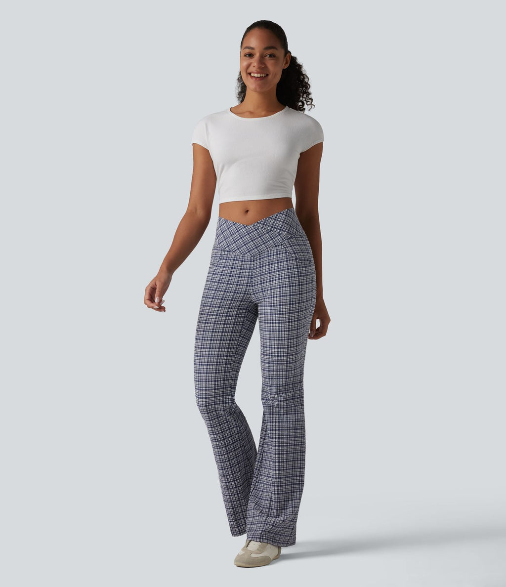 Pantalon évasé taille haute croisée ventre plat à carreaux en tissu froissé séchage rapide avec poches