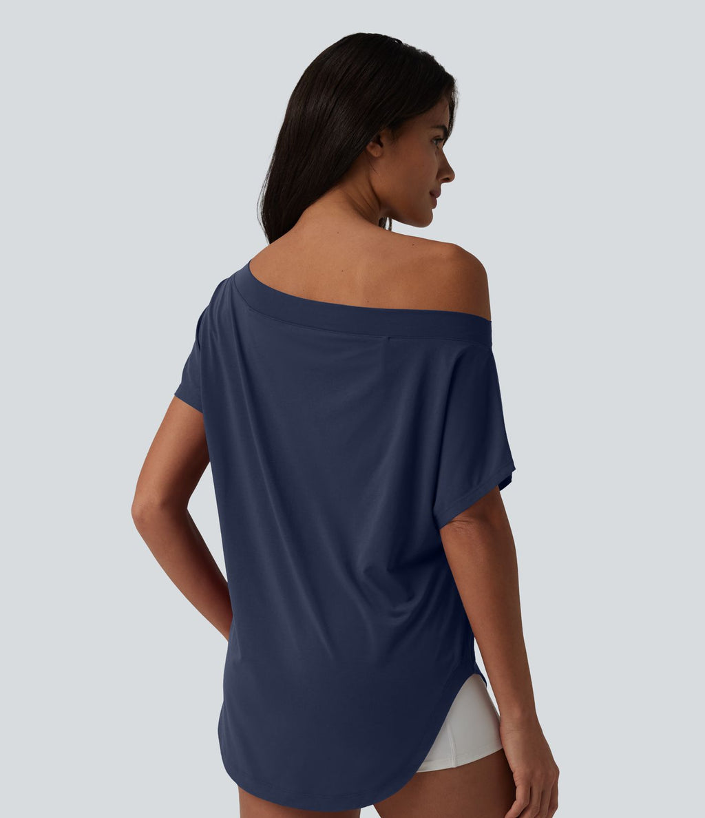 Top de sport yoga asymétrique à épaule dénudée manches courtes ourlet arrondi et coupe asymétrique à séchage rapide – Soutien-gorge intégré