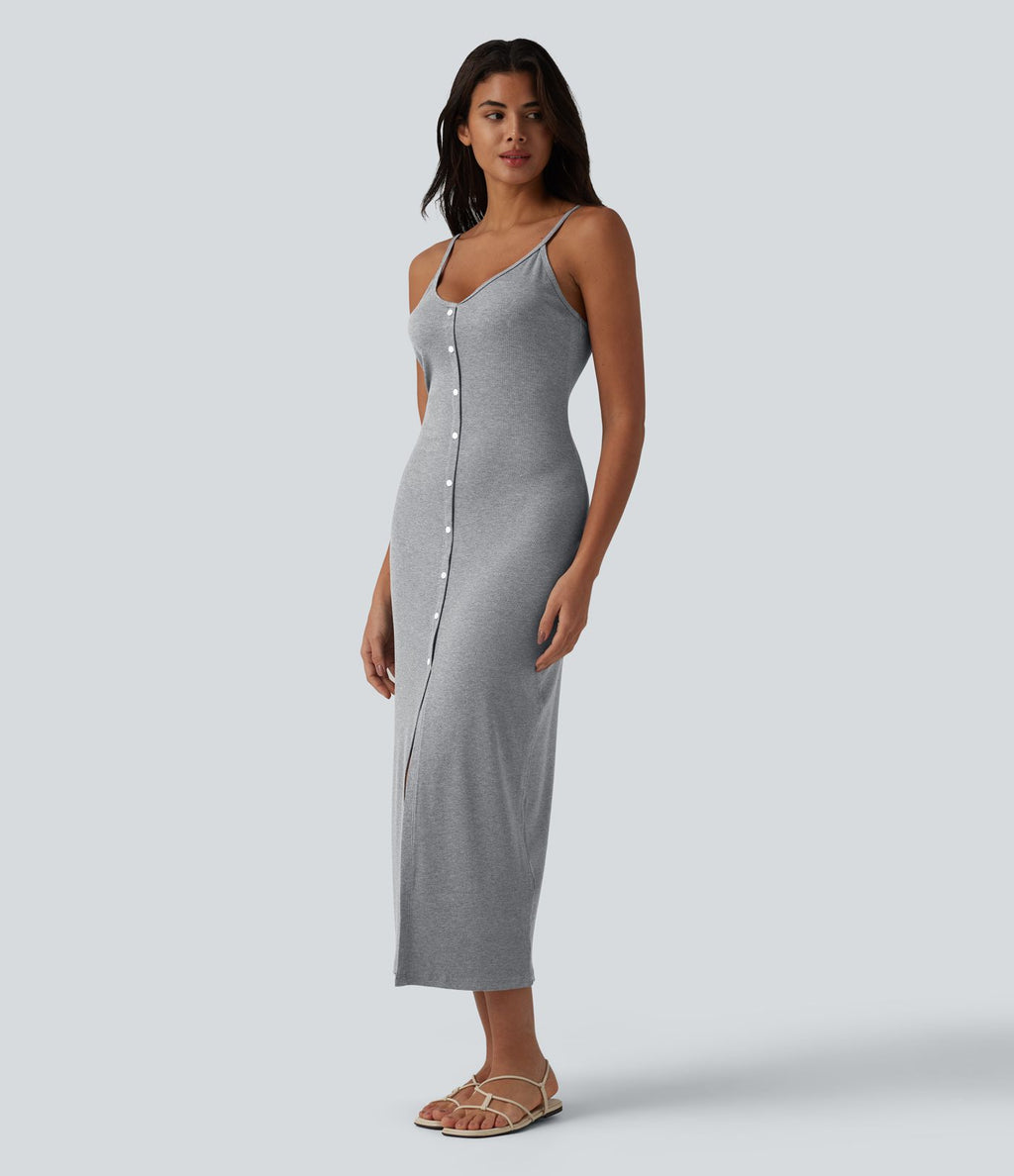 Robe nuisette casual midi moulante côtelée à bretelles réglables avec boutons décoratifs et fente
