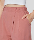 Pantalon Droit Travail Palazzo Solide Fluide Taille Haute avec Plis Poches Latérales Effet Lin