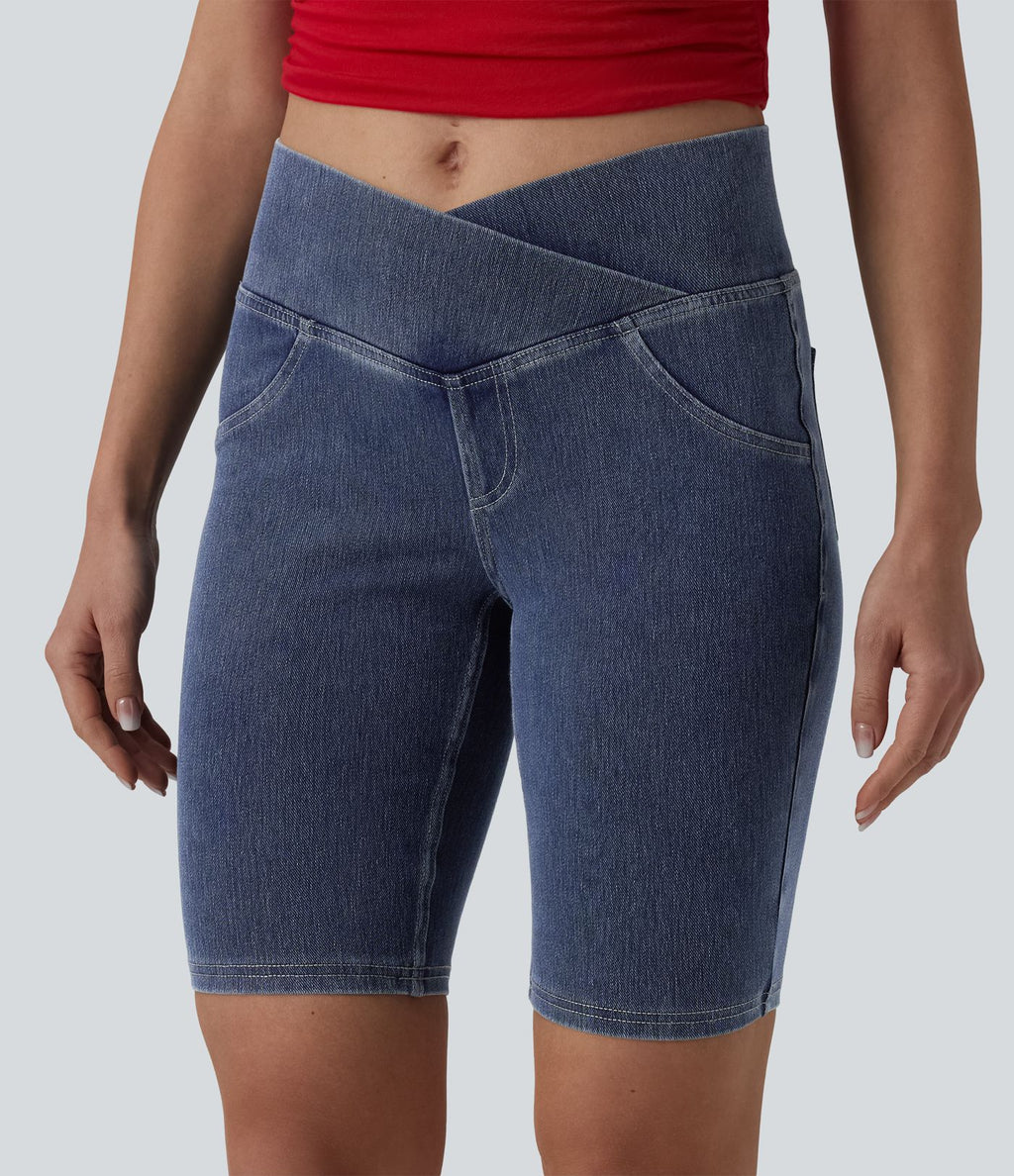 Short denim skinny décontracté Halara Flex™ croisé taille mi-haute 23 cm avec poches