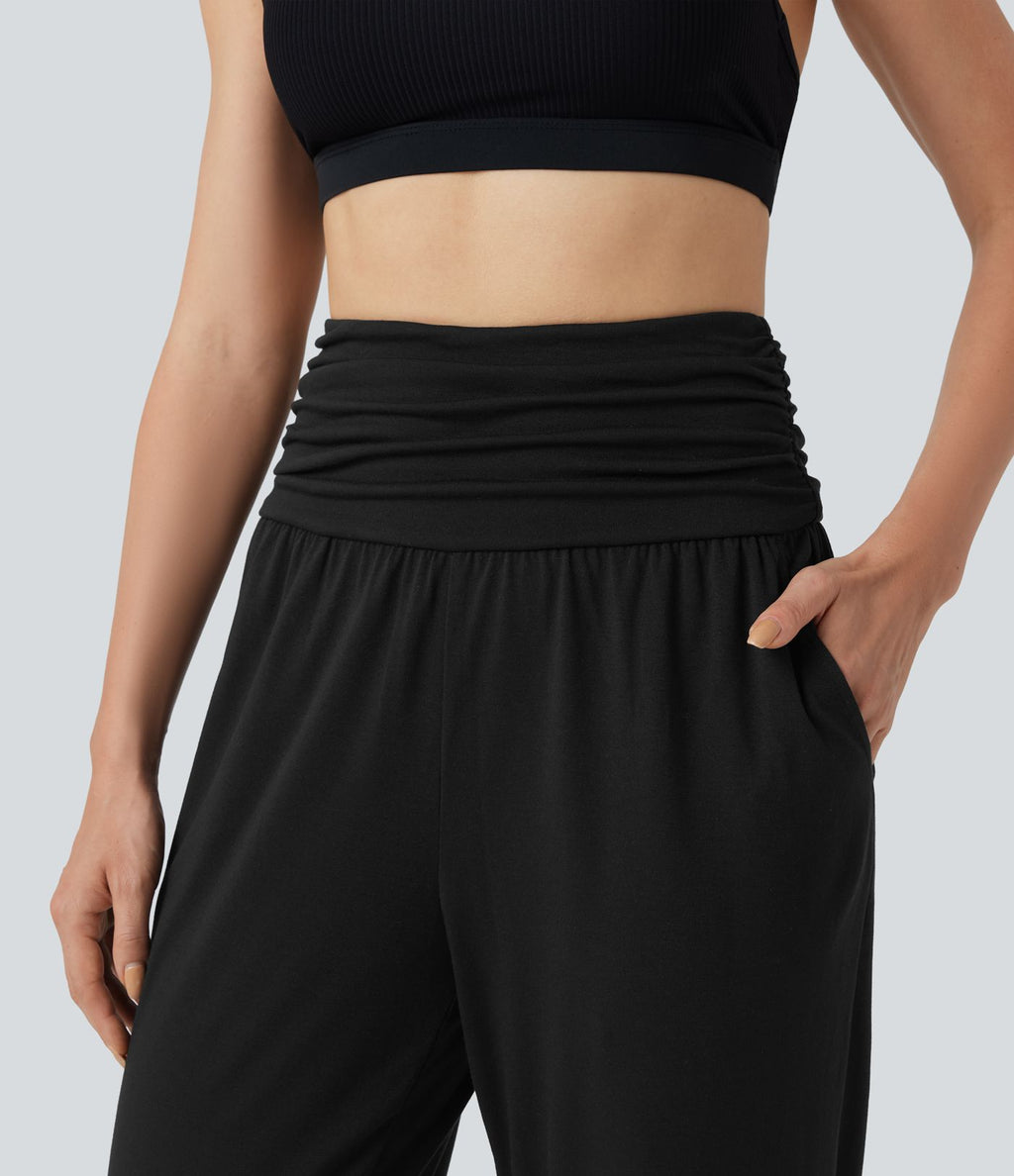 Jogging taille haute froncé chiné avec poches