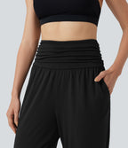 Jogging taille haute froncé chiné avec poches