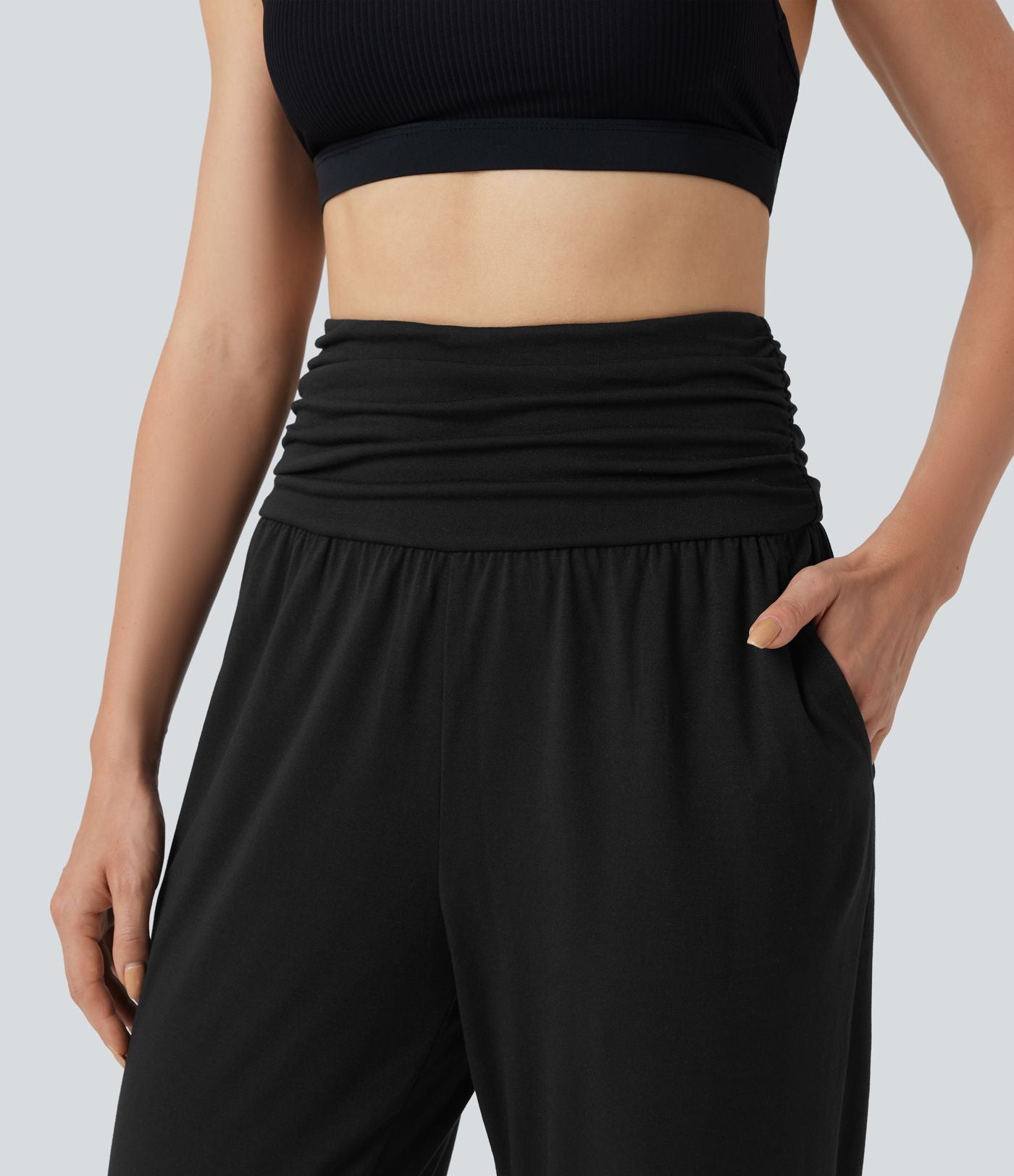 Jogging taille haute froncé chiné avec poches