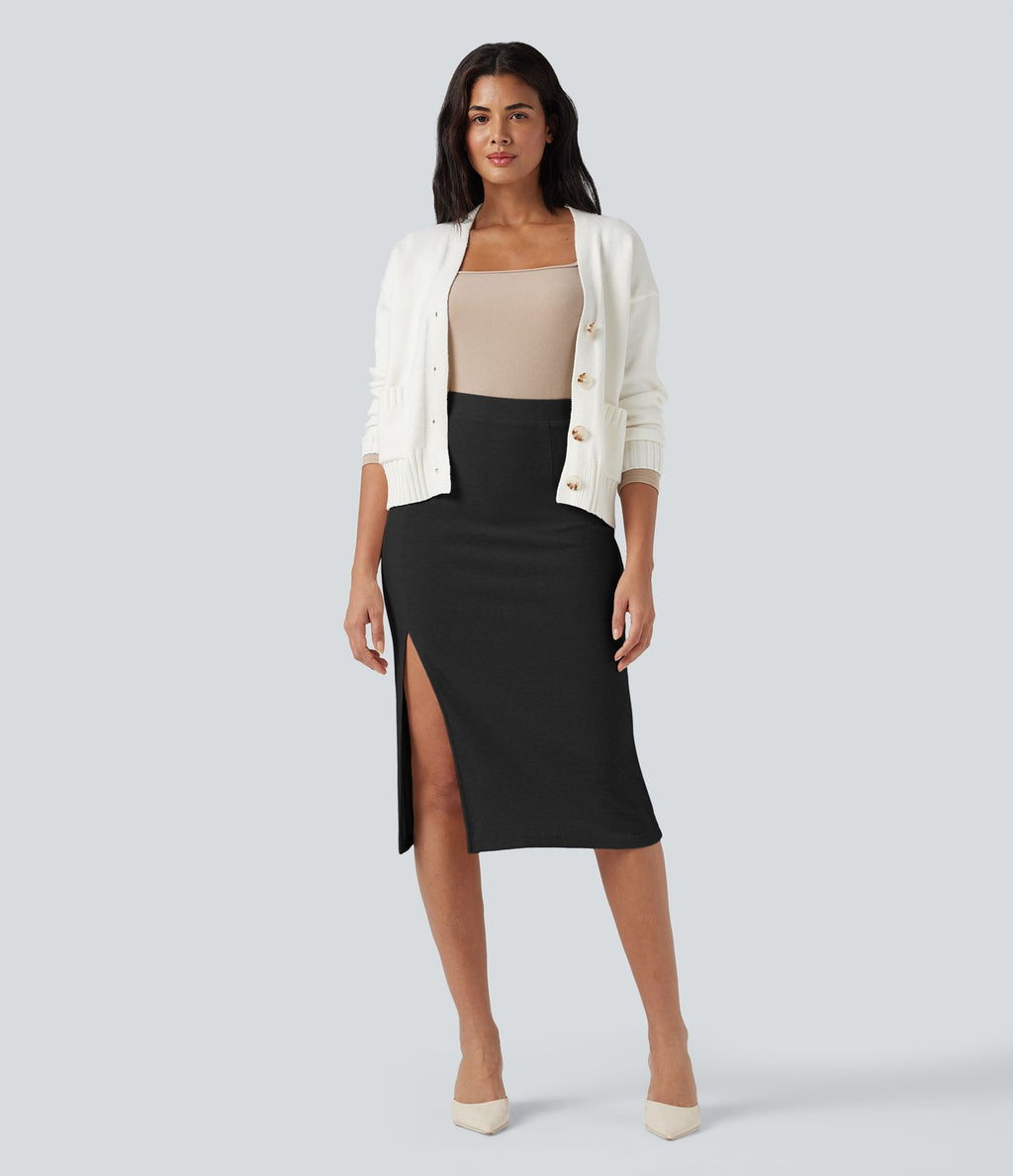 Jupe mi-longue moulante fendue taille haute
