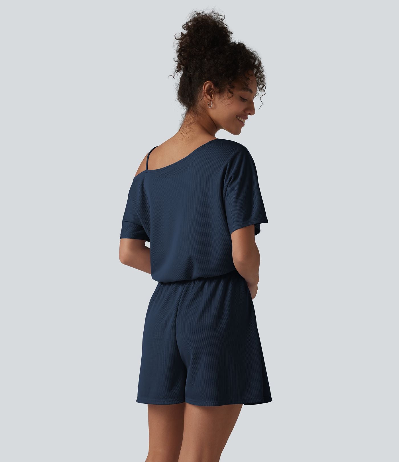 Combishort casual asymétrique manches courtes plissé en nid d'abeille avec poches - Édition Easy Peasy