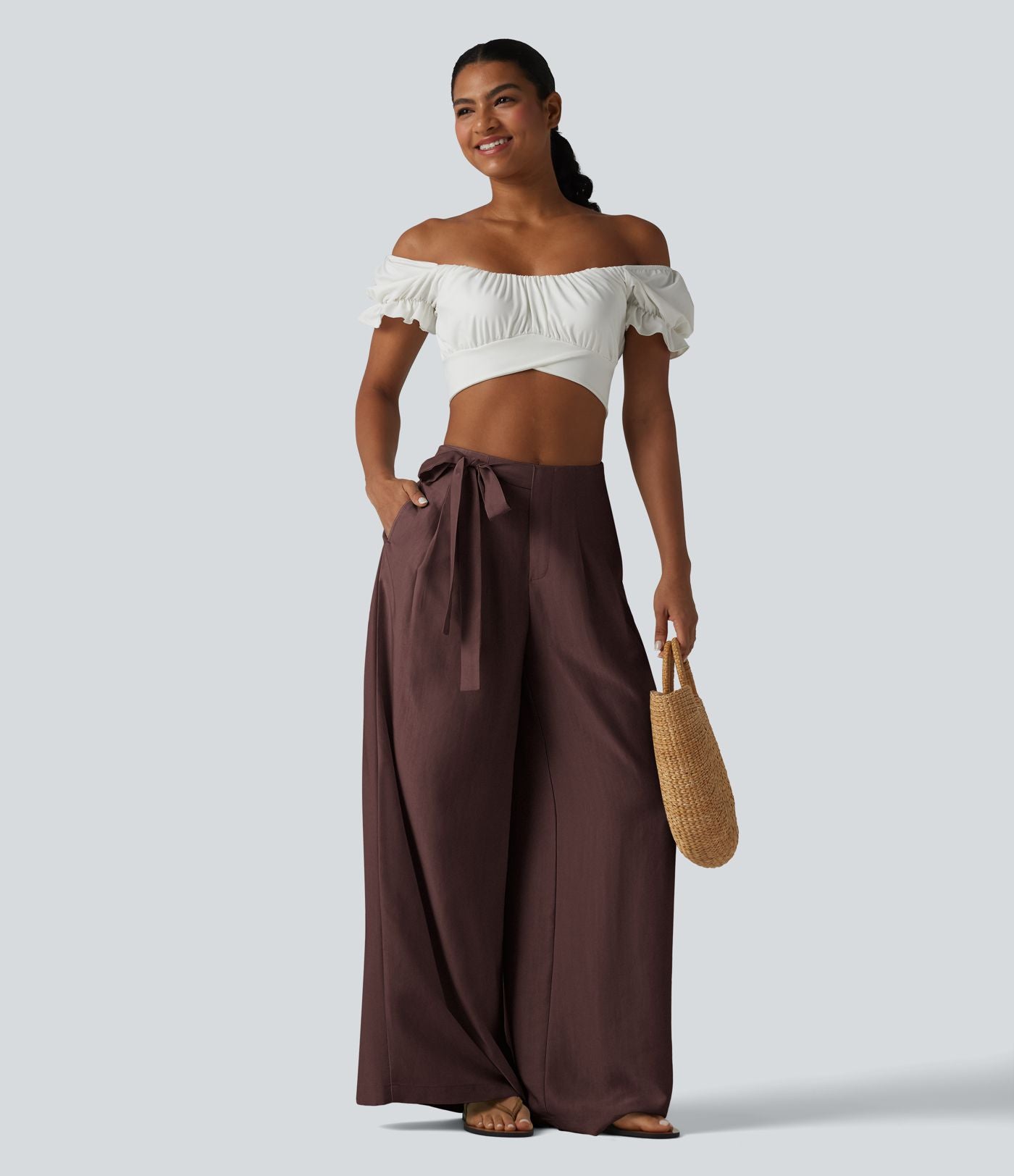 Pantalon large fluide taille haute en lin mélangé avec poches et liens latéraux
