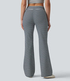 Pantalon évasé décontracté taille haute gainant à rayures en tissu gaufré avec cordon de serrage et poches