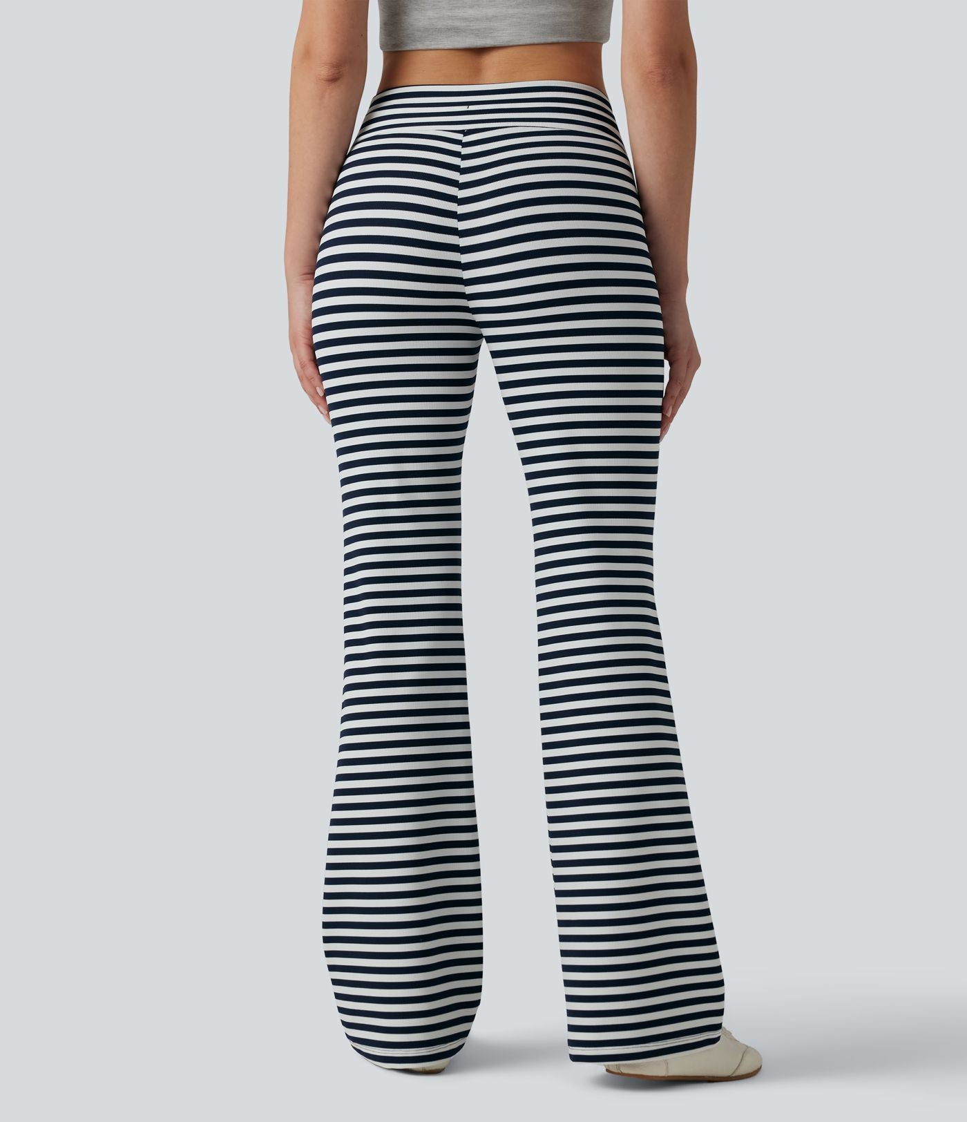 Pantalon évasé décontracté taille haute gainant à rayures en tissu gaufré avec cordon de serrage et poches