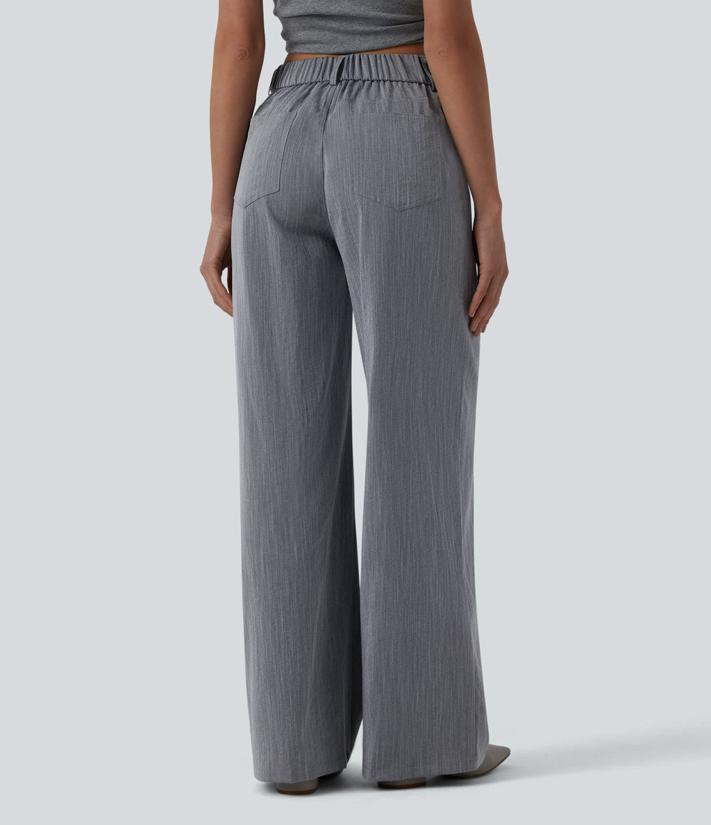 Pantalon large casual taille haute croisée aspect lin avec poches