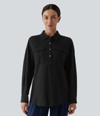 Chemise décontractée en lin col ourlet arrondi manches longues boutonnée avec poches
