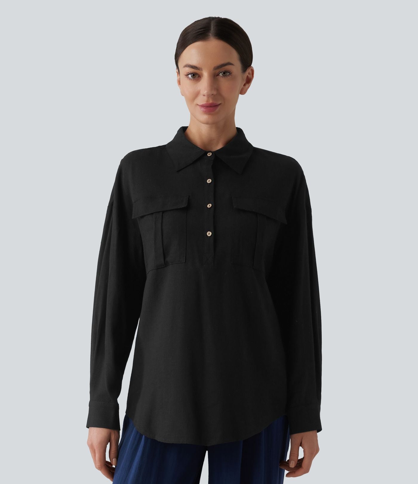 Chemise décontractée en lin col ourlet arrondi manches longues boutonnée avec poches