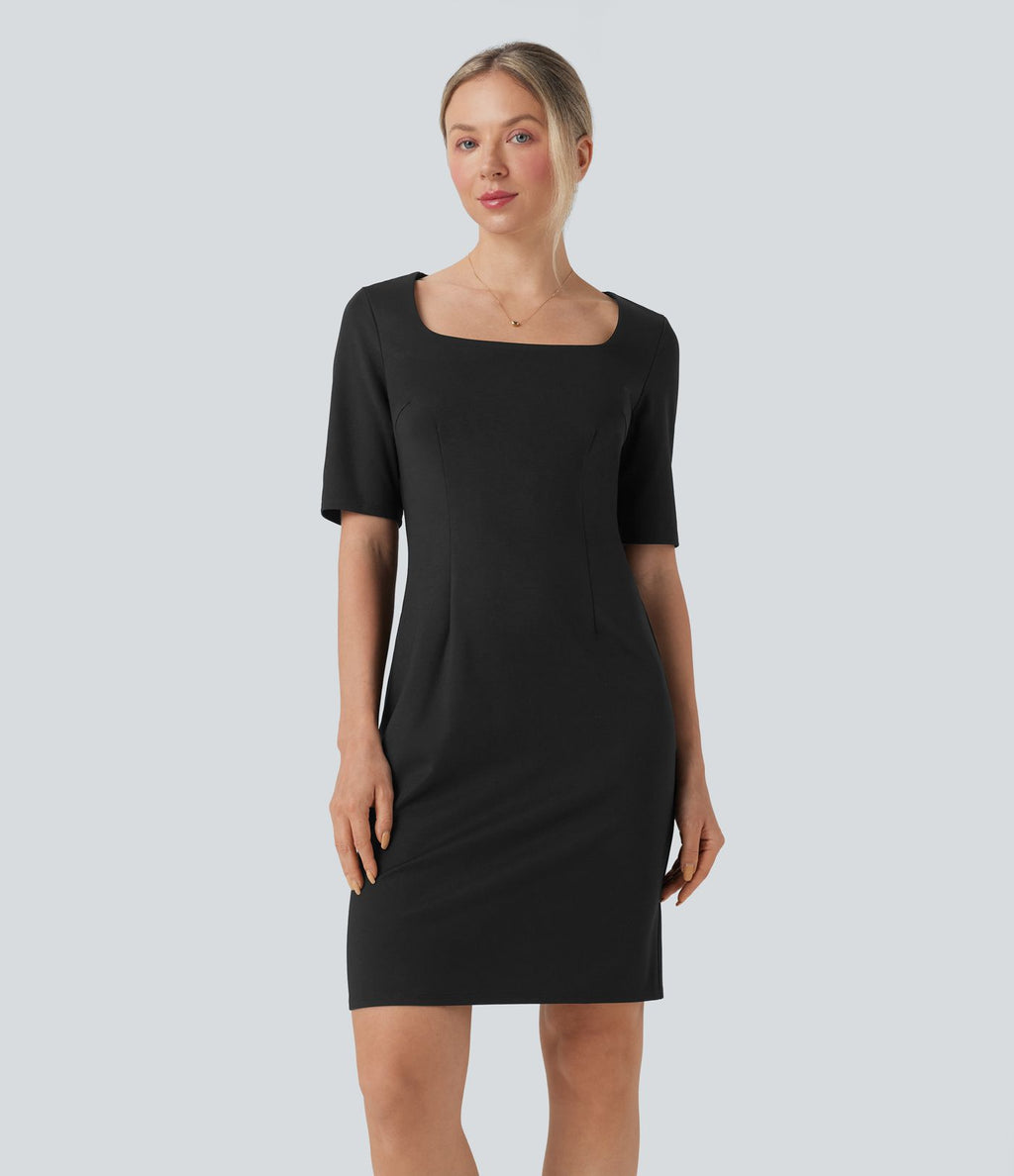 Robe crayon de travail ajustée décolleté carré à demi-manches