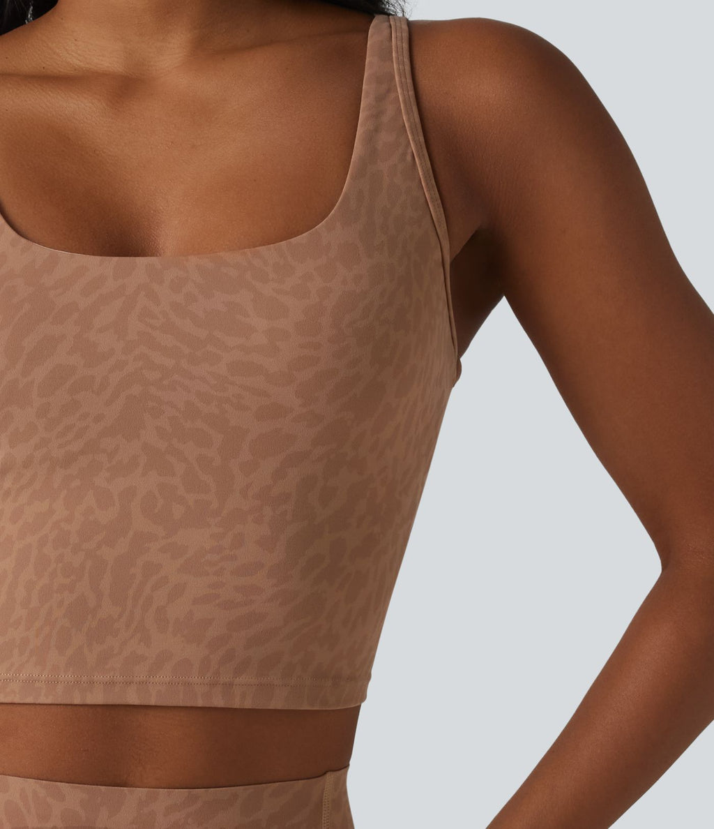 Débardeur de yoga court à imprimé léopard Halara UltraSculpt™ avec soutien-gorge intégré et décolleté en U