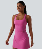 Robe sport mini de tennis 2 pièces à col U, soutien-gorge intégré, rayures, séchage rapide et poches - UPF40+