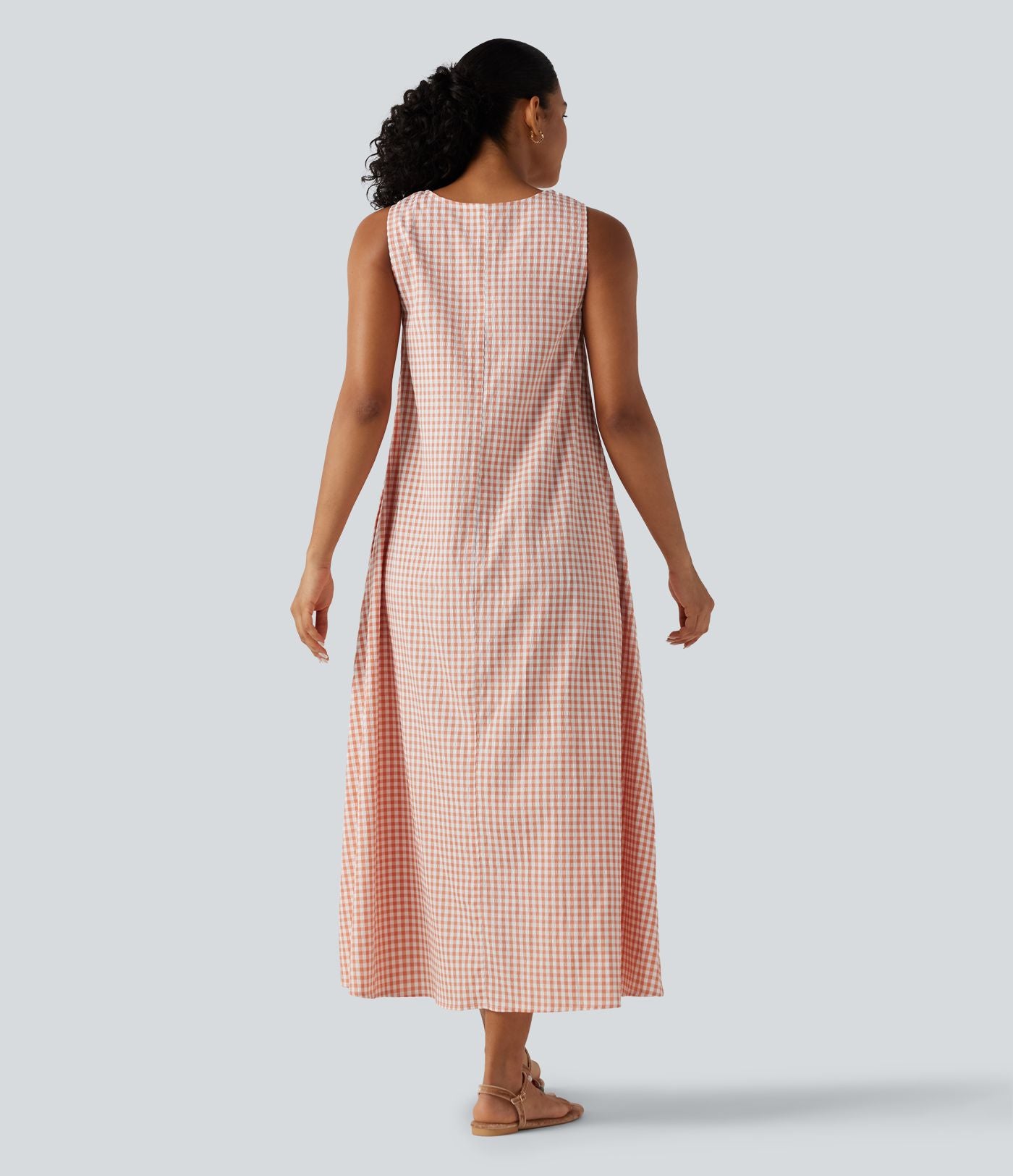 Robe débardeur midi décontractée col rond sans manches en vichy froissé avec poches