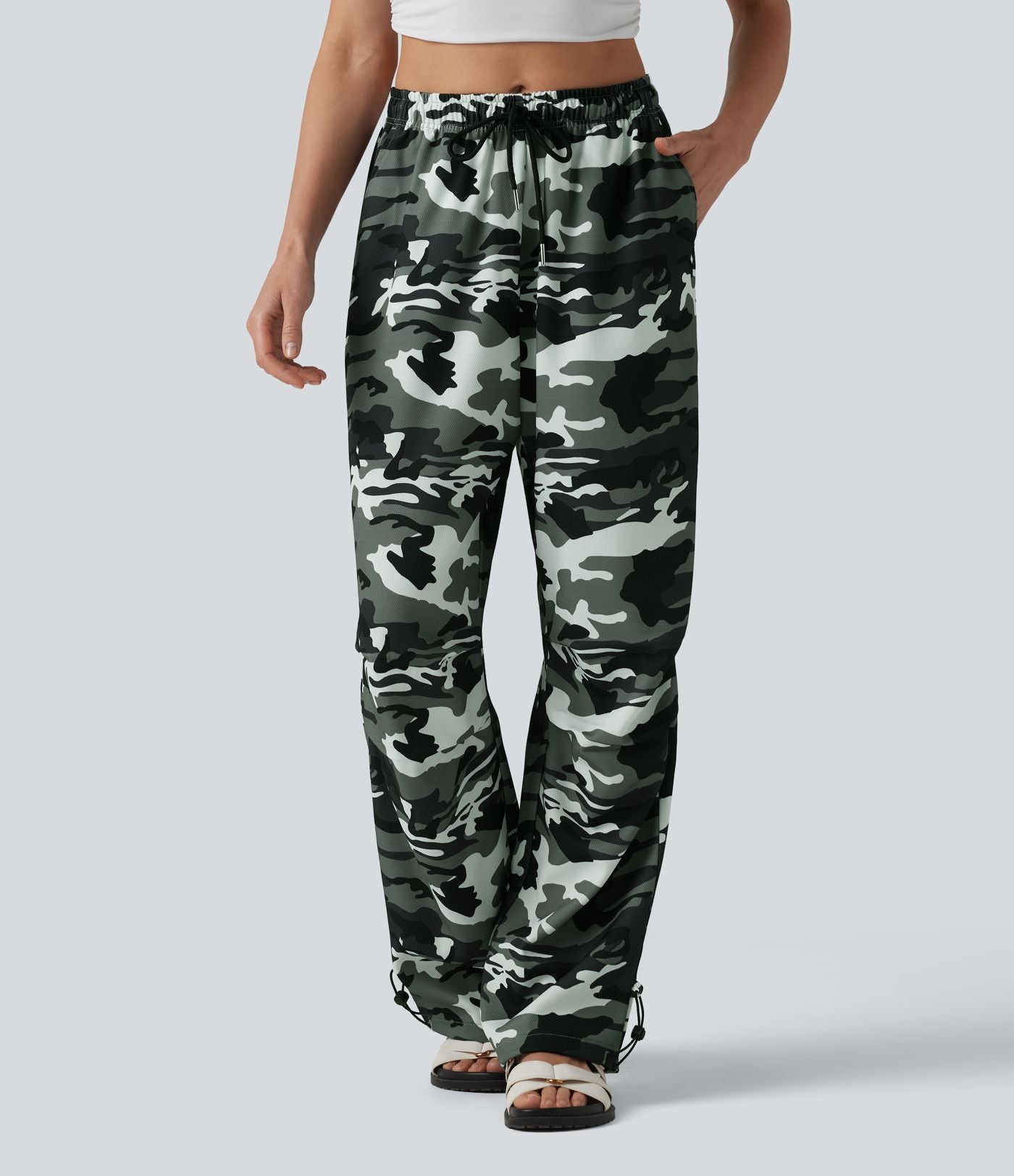 Pantalon cargo large décontracté camouflage taille mi-haute avec cordon de serrage et poches