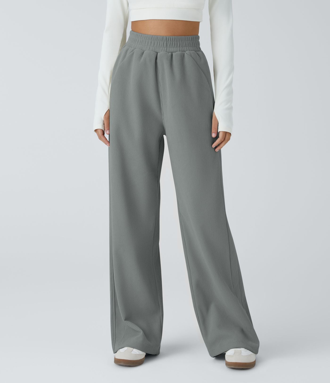 Pantalon velours côtelé de jogging décontracté à taille haute avec poches latérales