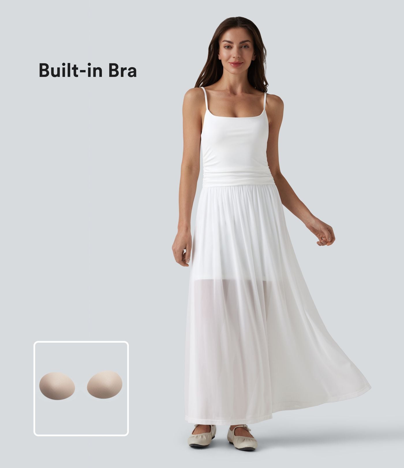 Robe nuisette longue décontractée fluide bretelles réglables froncée mesh contrasté soutien-gorge intégré
