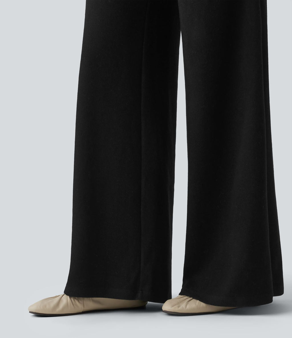Pantalon casual bootcut gainant taille haute à cordon de serrage en maille côtelée avec poches