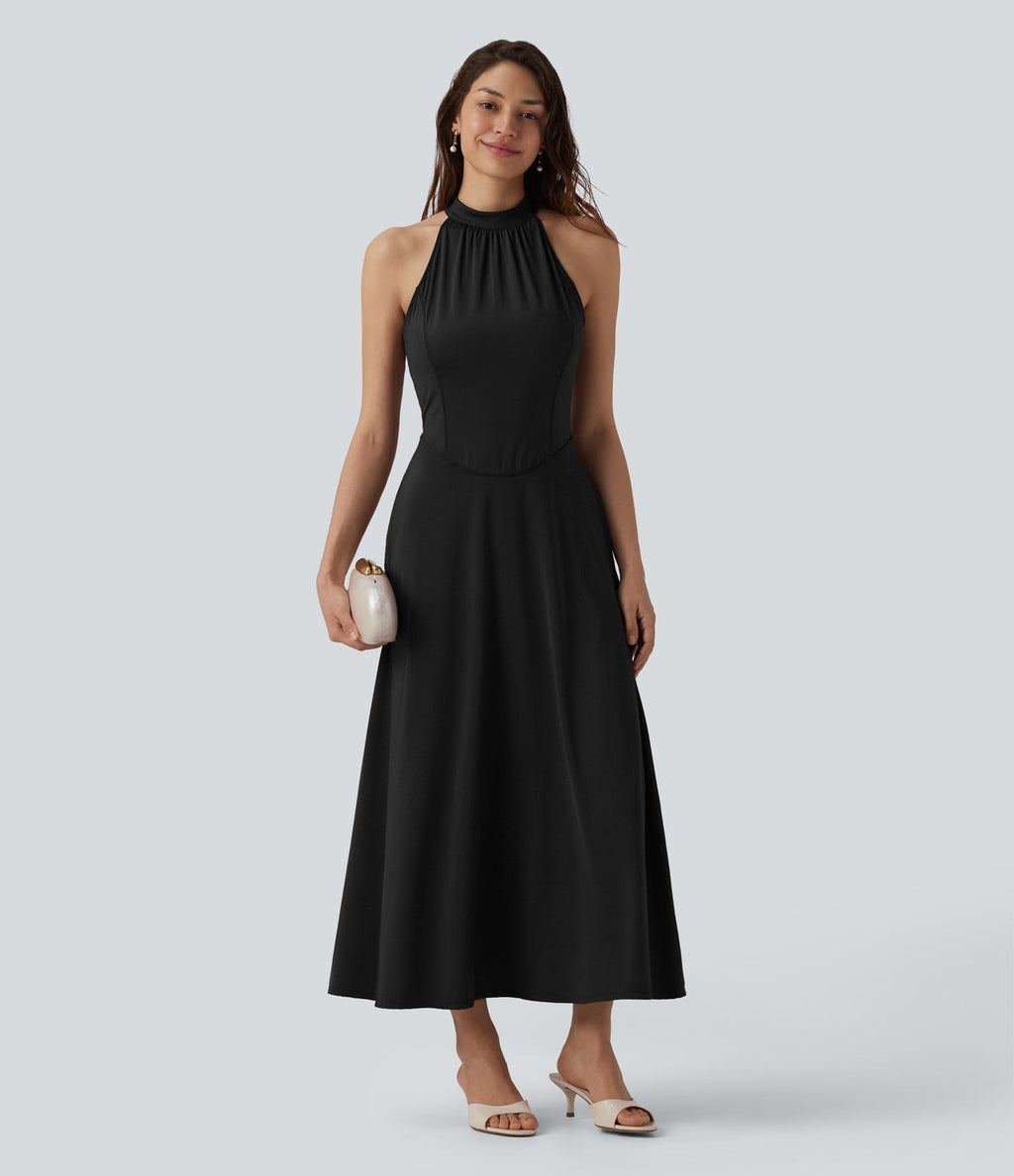 Robe midi fluide à col cheminée, sans manches, zip invisible, en satin extensible à effet frais InstantCool, idéale pour demoiselles d'honneur et invitées de mariage, avec poches