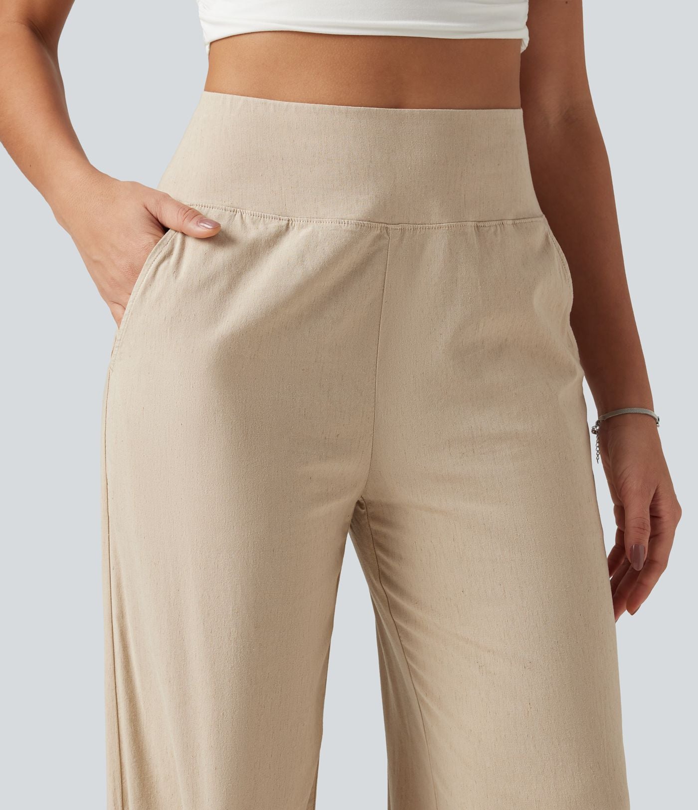 Pantalon de jogging taille haute en lin stretch avec poches